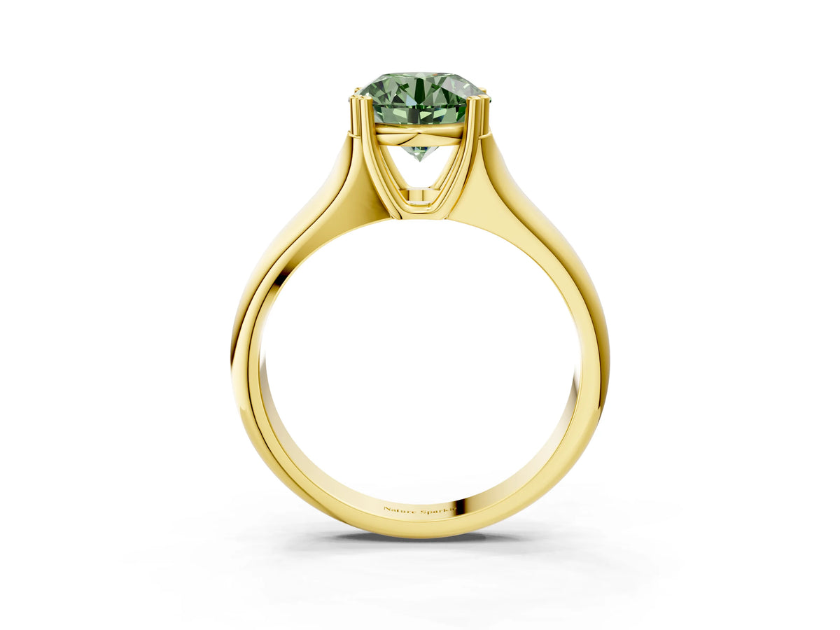 Fancy Green Round Cut Diamond Solitaire Ring in Yellow gold with Smooth Wide Band and Prong Setting_3