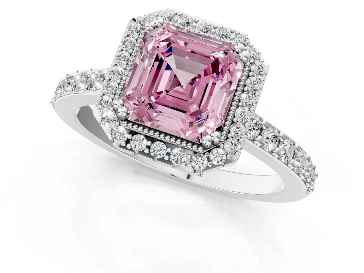 Fancy Pink Asscher Cut Diamond Halo Engagement Ring in White gold with Milgrain Detail and Pavé Band_1