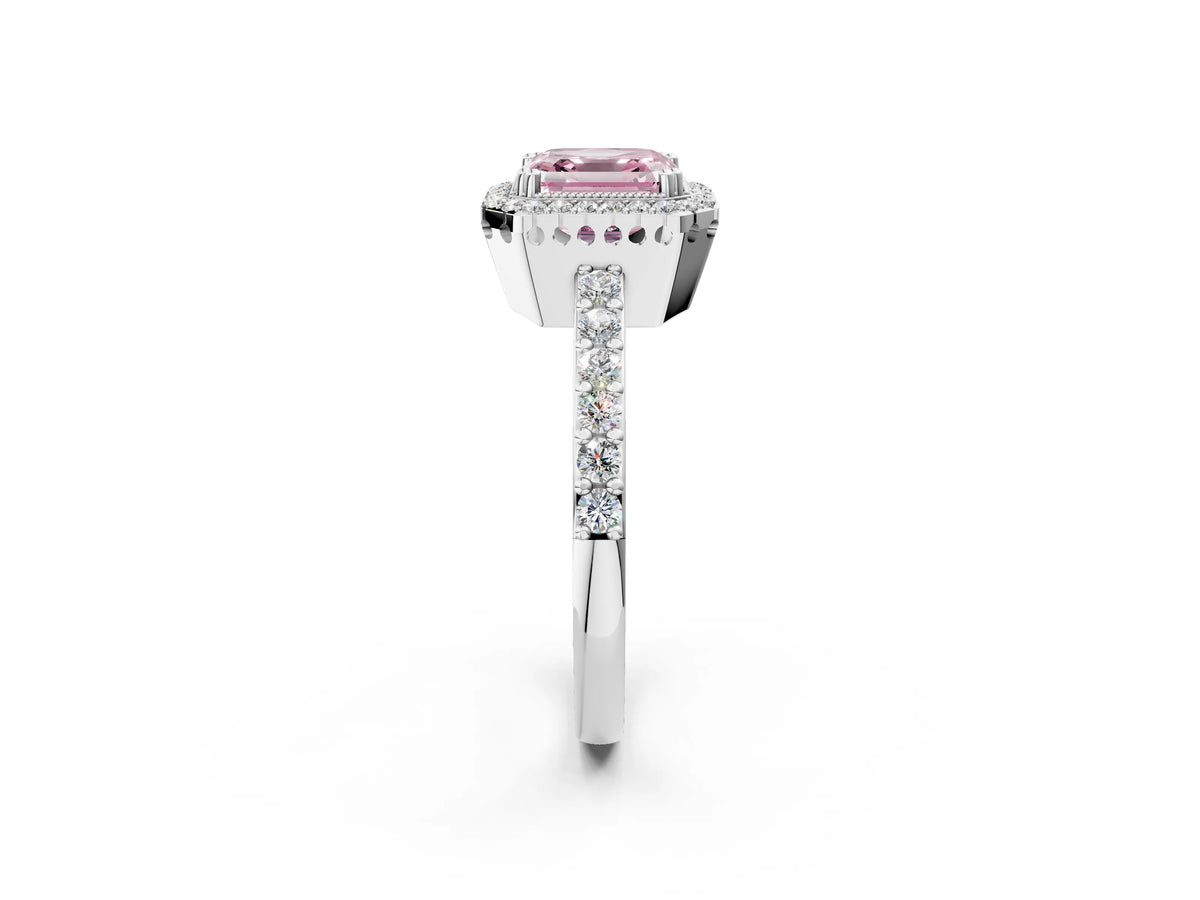 Fancy Pink Asscher Cut Diamond Halo Engagement Ring in White gold with Milgrain Detail and Pavé Band_2