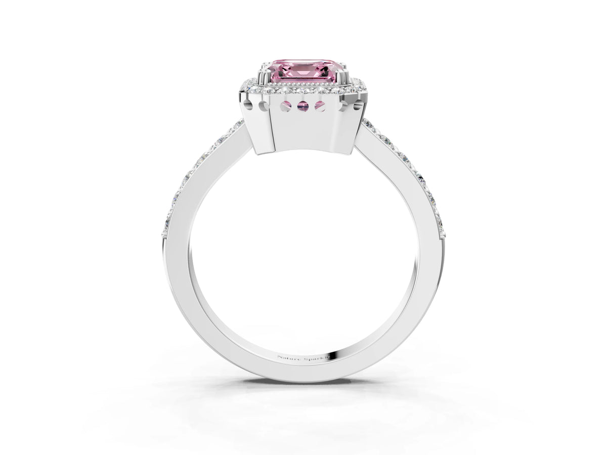 Fancy Pink Asscher Cut Diamond Halo Engagement Ring in White gold with Milgrain Detail and Pavé Band_3