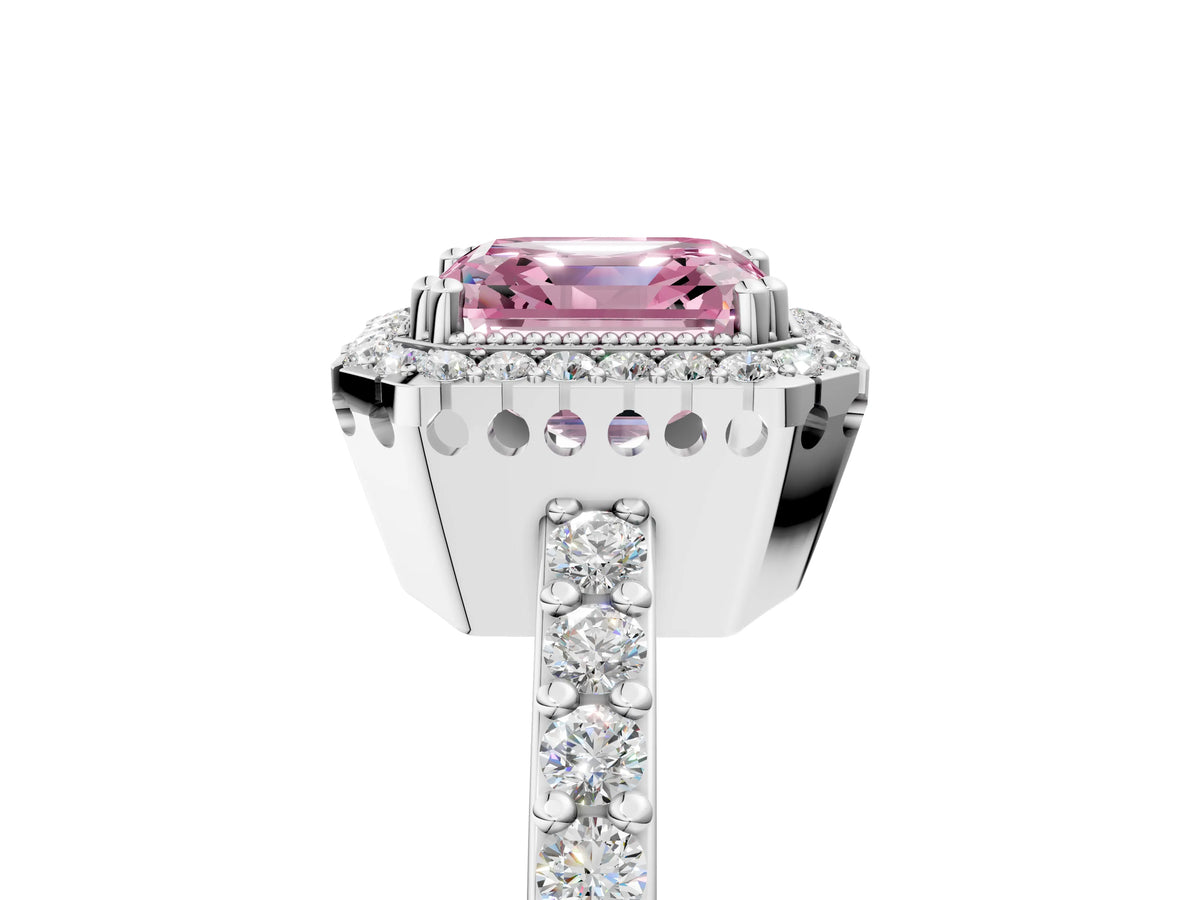 Fancy Pink Asscher Cut Diamond Halo Engagement Ring in White gold with Milgrain Detail and Pavé Band_5