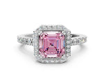 Fancy Pink Asscher Cut Diamond Halo Engagement Ring in White gold with Milgrain Detail and Pavé Band