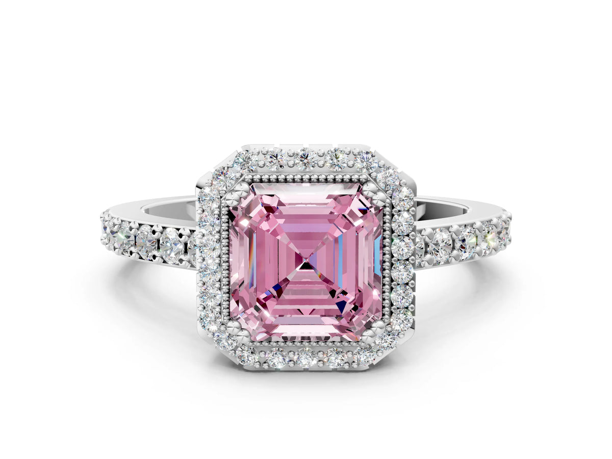 Fancy Pink Asscher Cut Diamond Halo Engagement Ring in White gold with Milgrain Detail and Pavé Band