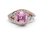 Fancy Pink Asscher Cut Diamond Halo Ring in Rose gold with Marquise and Pavé Band in Prong Setting
