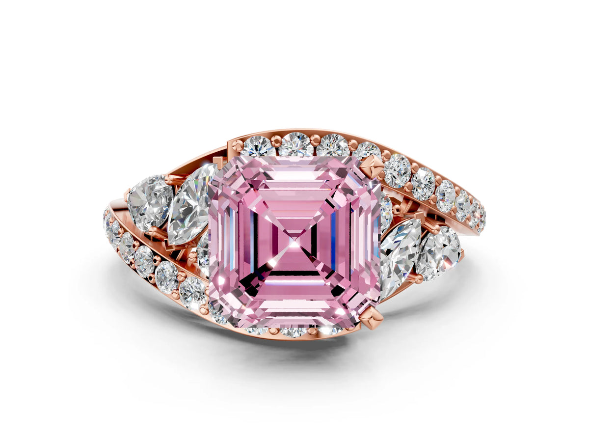 Fancy Pink Asscher Cut Diamond Halo Ring in Rose gold with Marquise and Pavé Band in Prong Setting