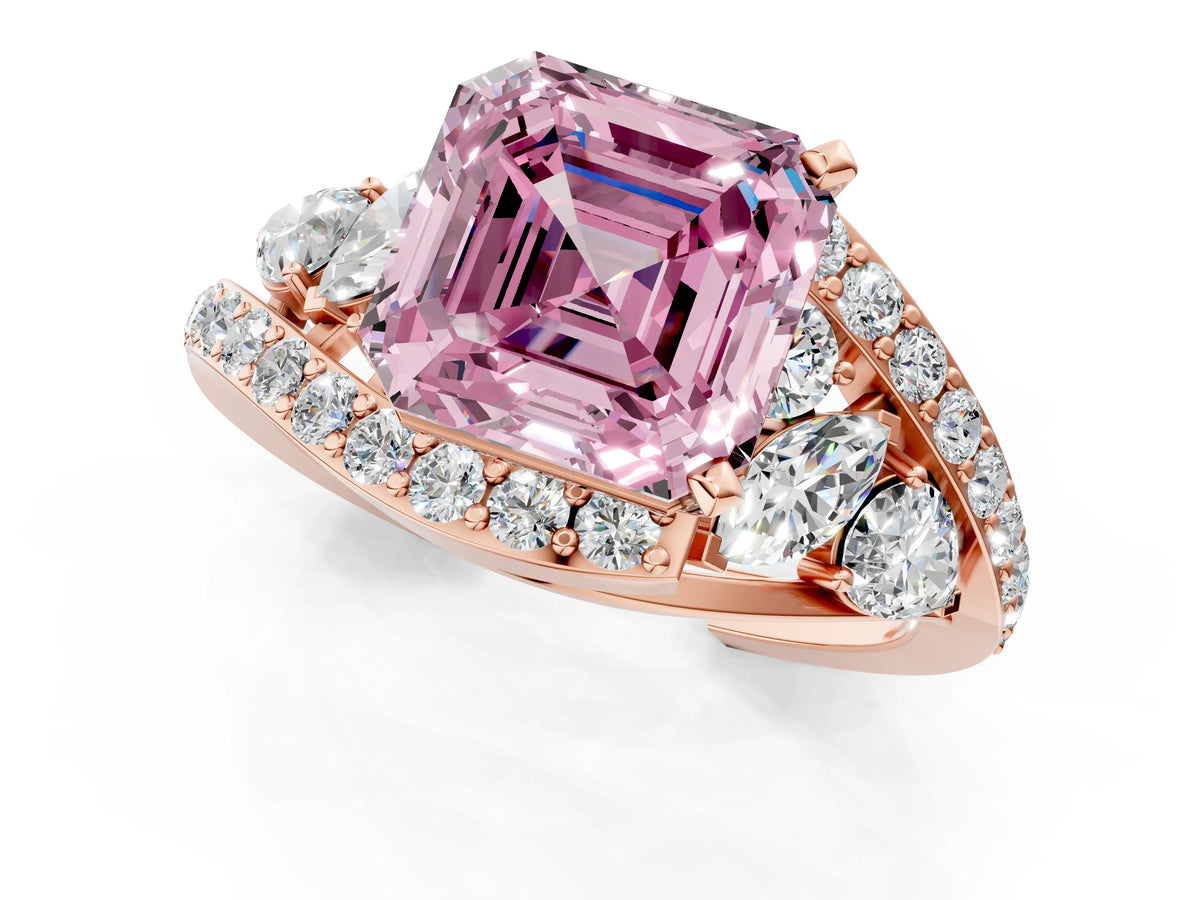 Fancy Pink Asscher Cut Diamond Halo Ring in Rose gold with Marquise and Pavé Band in Prong Setting_1