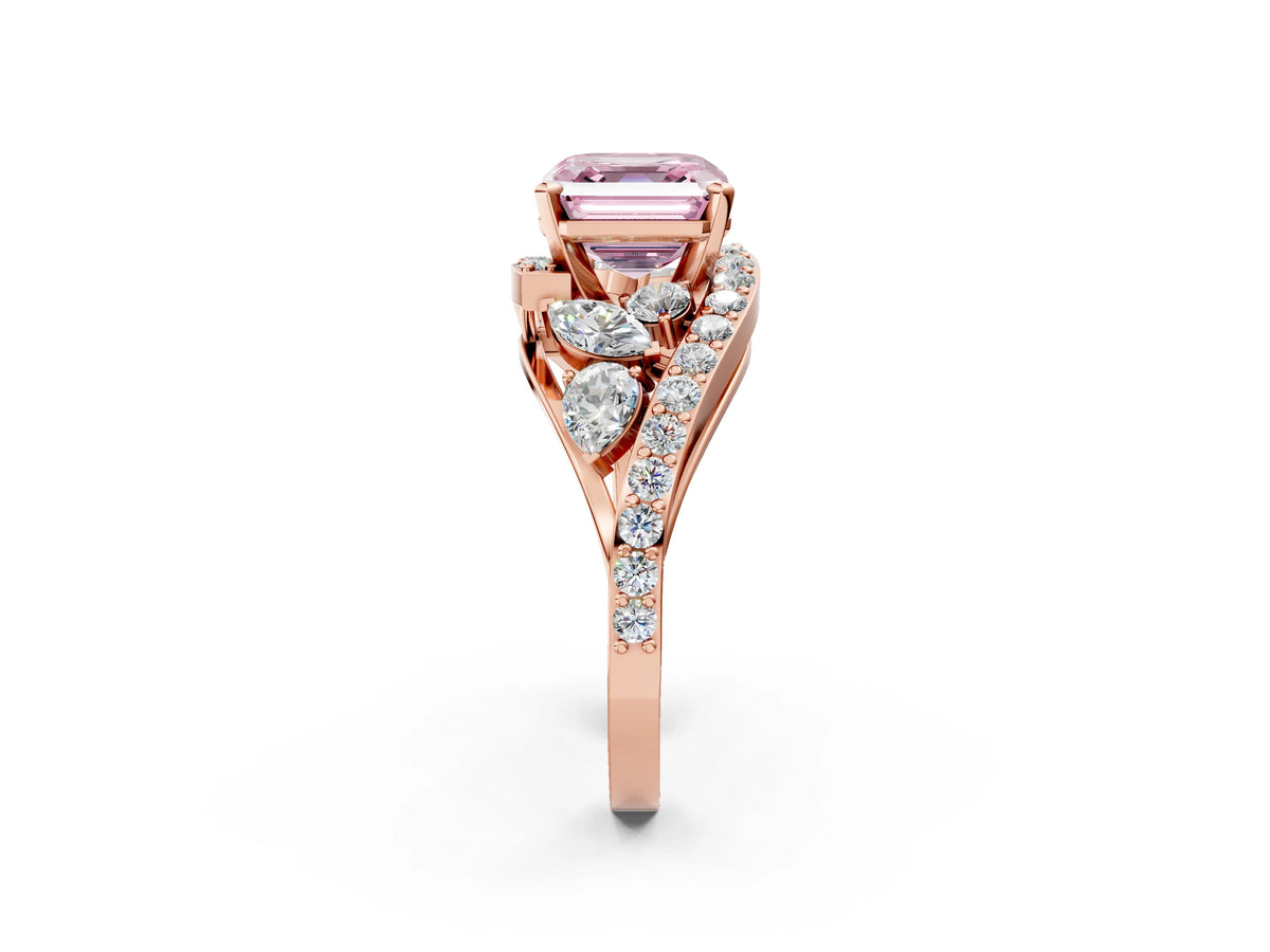 Fancy Pink Asscher Cut Diamond Halo Ring in Rose gold with Marquise and Pavé Band in Prong Setting_2
