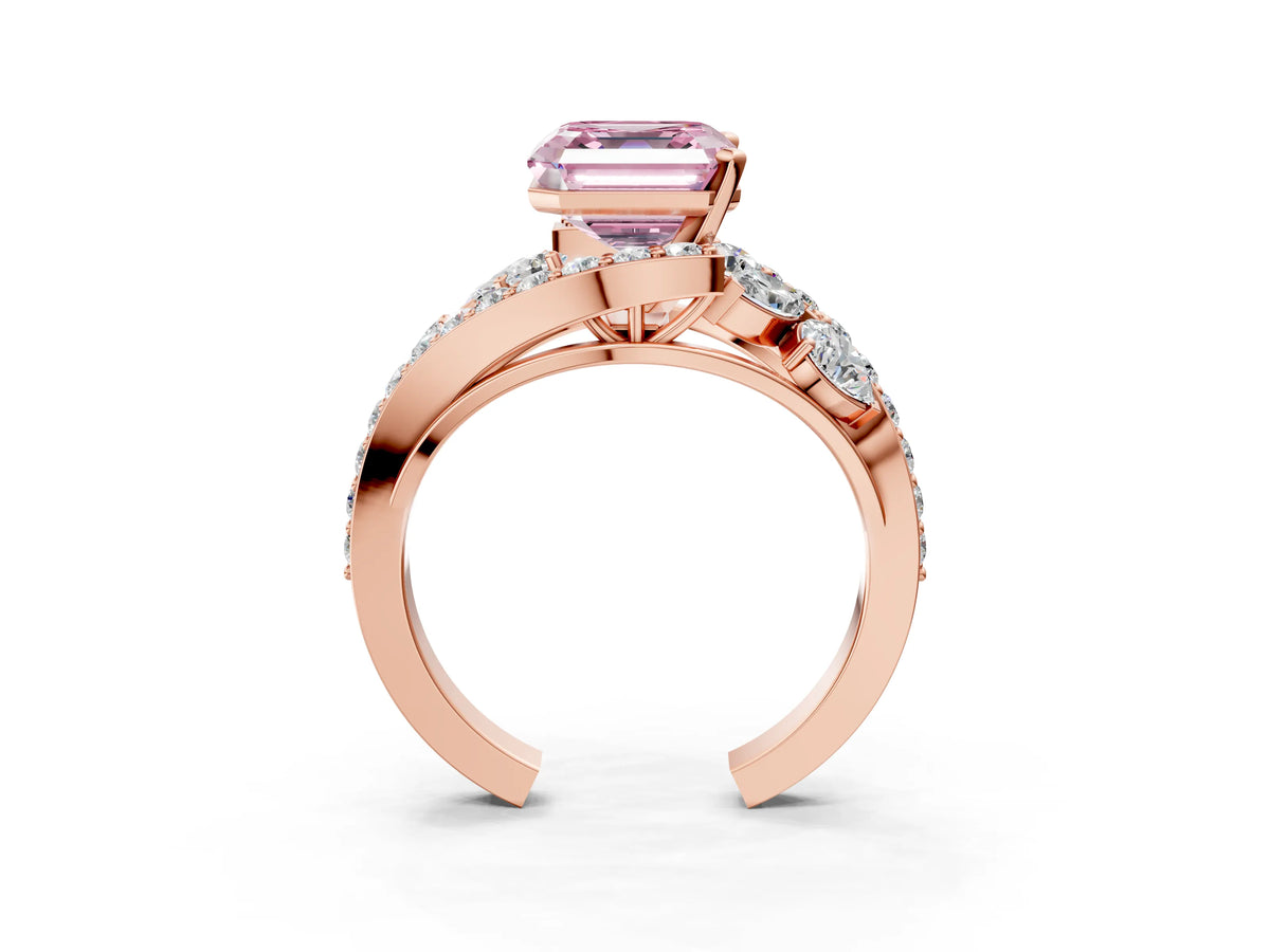Fancy Pink Asscher Cut Diamond Halo Ring in Rose gold with Marquise and Pavé Band in Prong Setting_3