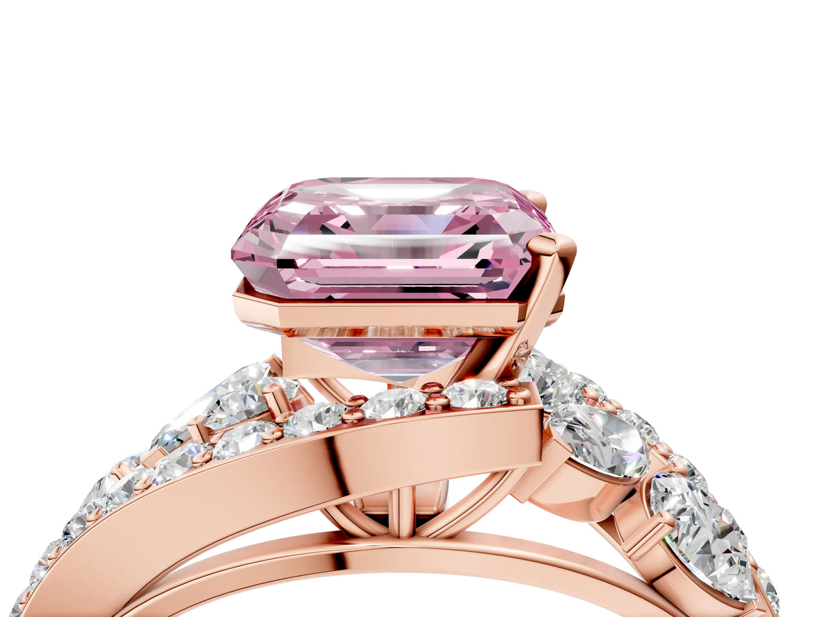 Fancy Pink Asscher Cut Diamond Halo Ring in Rose gold with Marquise and Pavé Band in Prong Setting_4