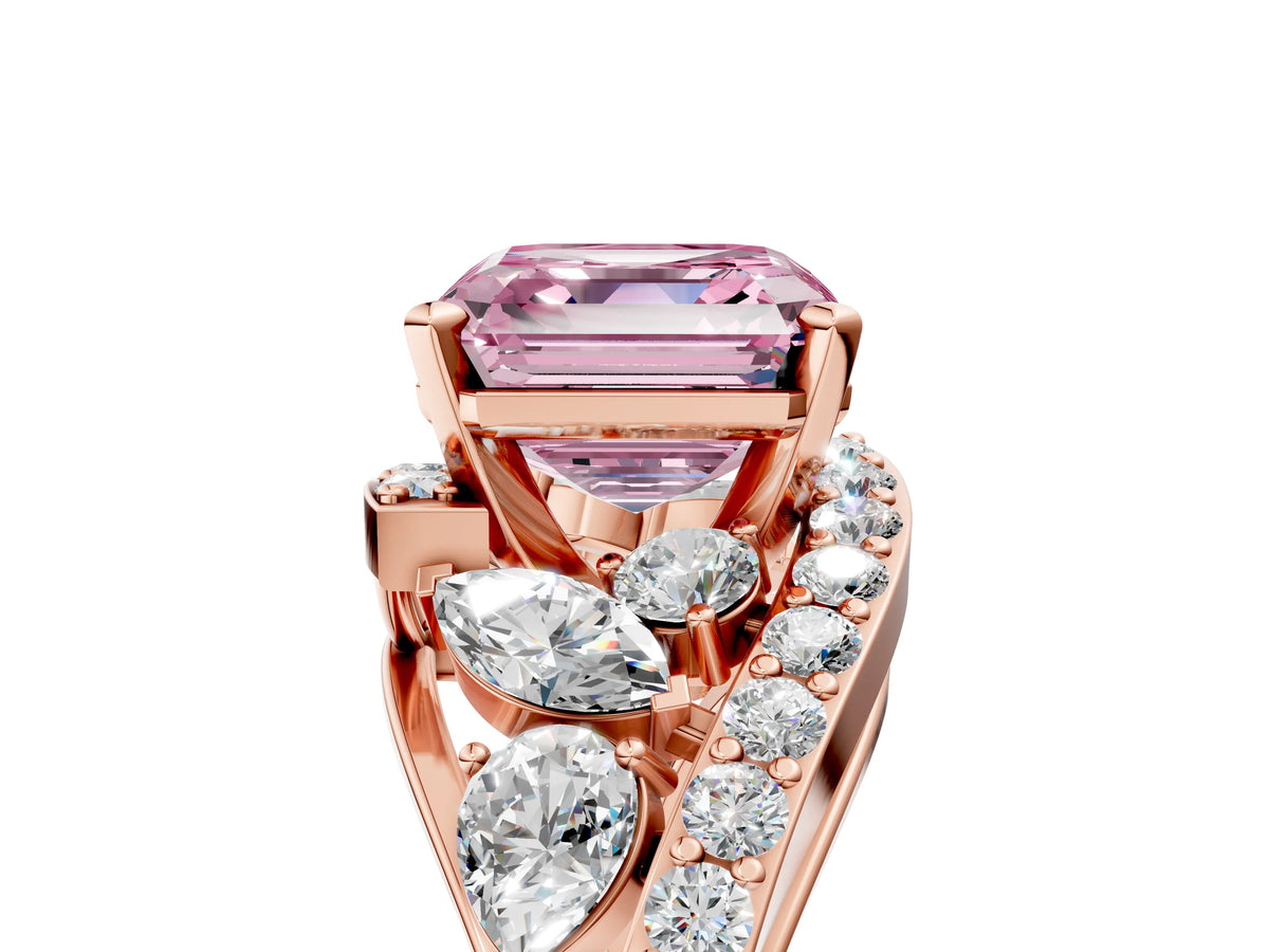 Fancy Pink Asscher Cut Diamond Halo Ring in Rose gold with Marquise and Pavé Band in Prong Setting_5