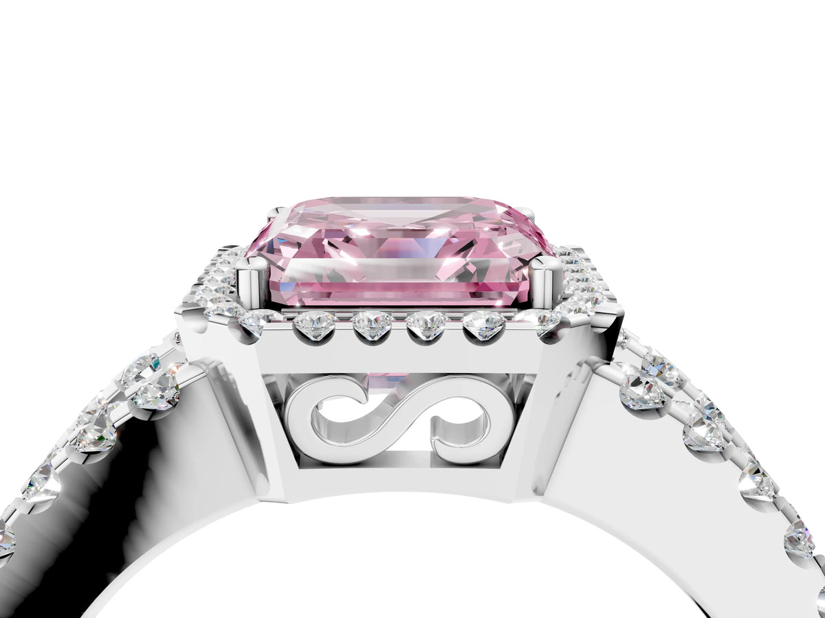Fancy Pink Asscher Cut Diamond Halo Ring in Silver with Split Shank Band and Prong Setting_10