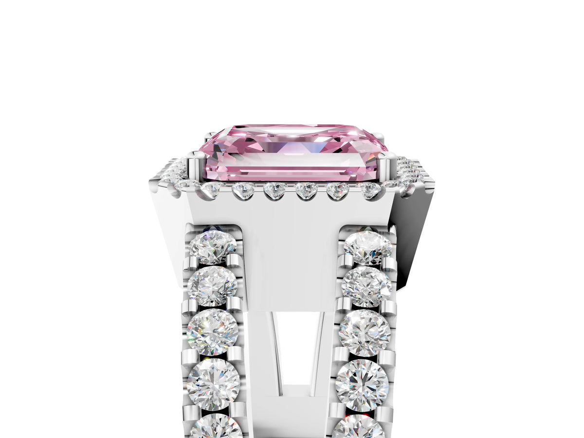 Fancy Pink Asscher Cut Diamond Halo Ring in Silver with Split Shank Band and Prong Setting_11