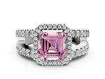 Fancy Pink Asscher Cut Diamond Halo Ring in Silver with Split Shank Band and Prong Setting_6