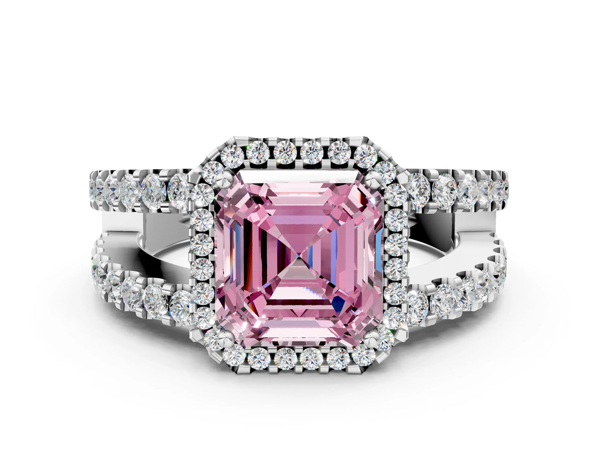 Fancy Pink Asscher Cut Diamond Halo Ring in Silver with Split Shank Band and Prong Setting_6