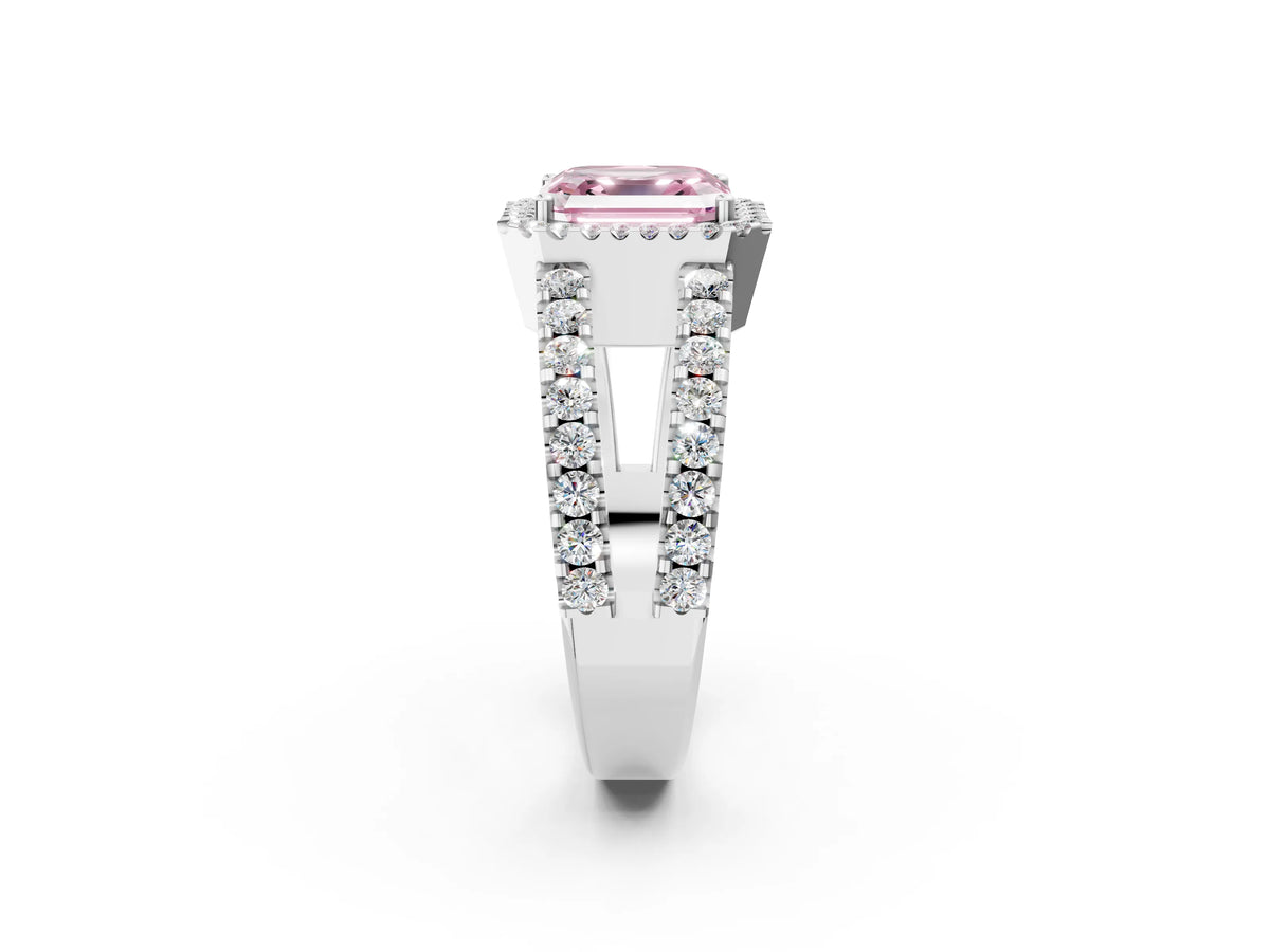 Fancy Pink Asscher Cut Diamond Halo Ring in White gold with Split Shank Band and Prong Setting_2
