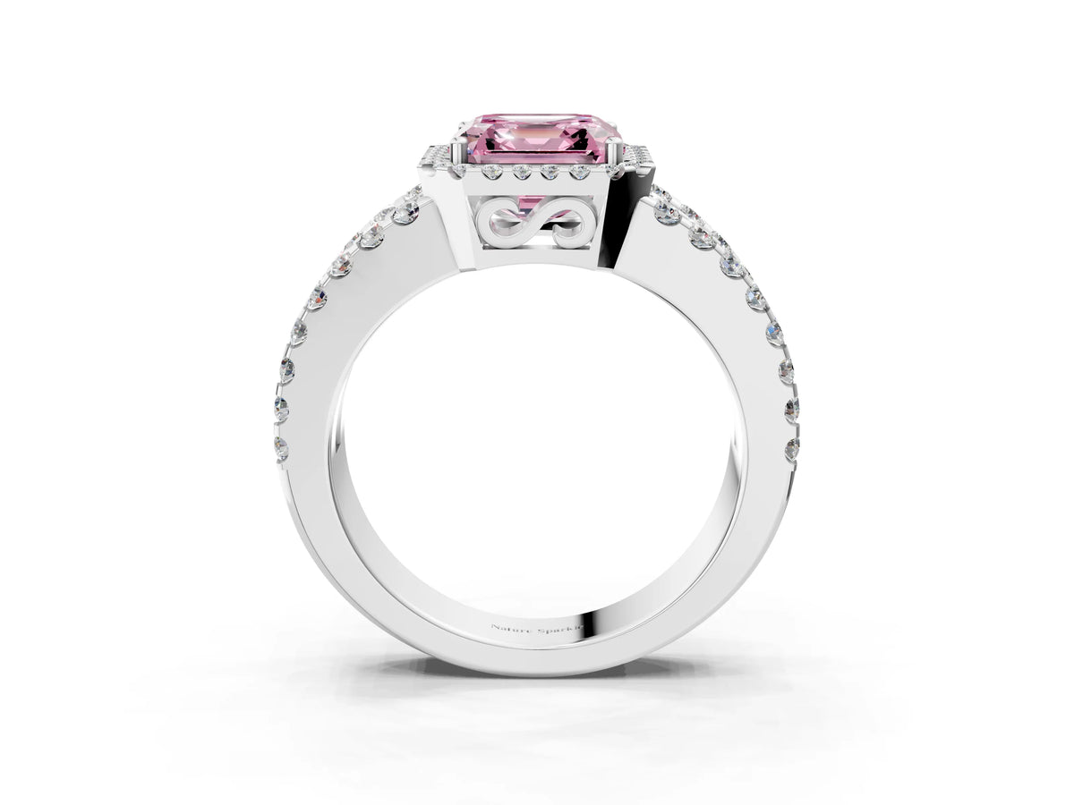 Fancy Pink Asscher Cut Diamond Halo Ring in White gold with Split Shank Band and Prong Setting_3