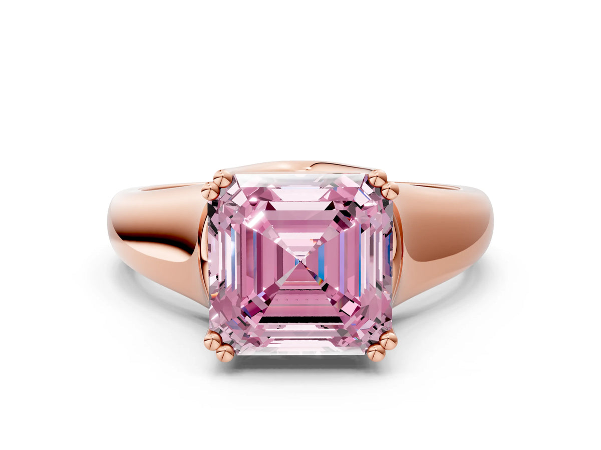 Fancy Pink Asscher Cut Diamond Solitaire Ring in Rose gold with Smooth Wide Band and Prong Setting