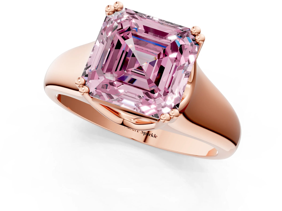 Fancy Pink Asscher Cut Diamond Solitaire Ring in Rose gold with Smooth Wide Band and Prong Setting_1