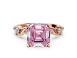 Fancy Pink Asscher Cut Diamond Solitaire Ring in Rose gold with Twisted Ribbon Band and Round Accents
