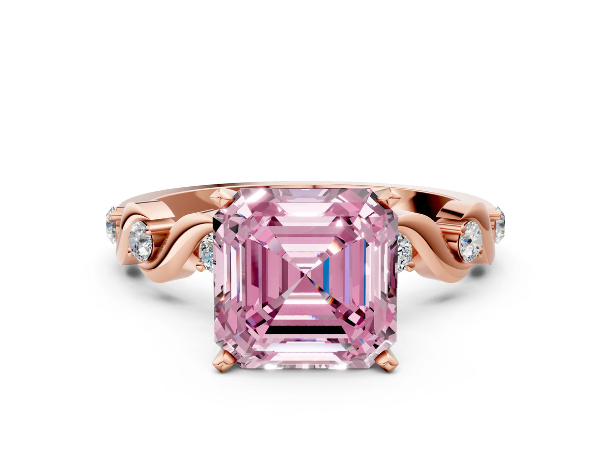 Fancy Pink Asscher Cut Diamond Solitaire Ring in Rose gold with Twisted Ribbon Band and Round Accents