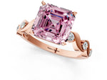 Fancy Pink Asscher Cut Diamond Solitaire Ring in Rose gold with Twisted Ribbon Band and Round Accents_1