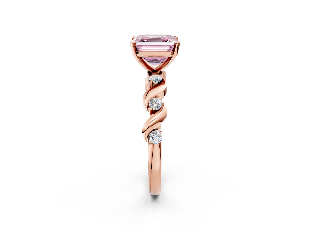 Fancy Pink Asscher Cut Diamond Solitaire Ring in Rose gold with Twisted Ribbon Band and Round Accents_2