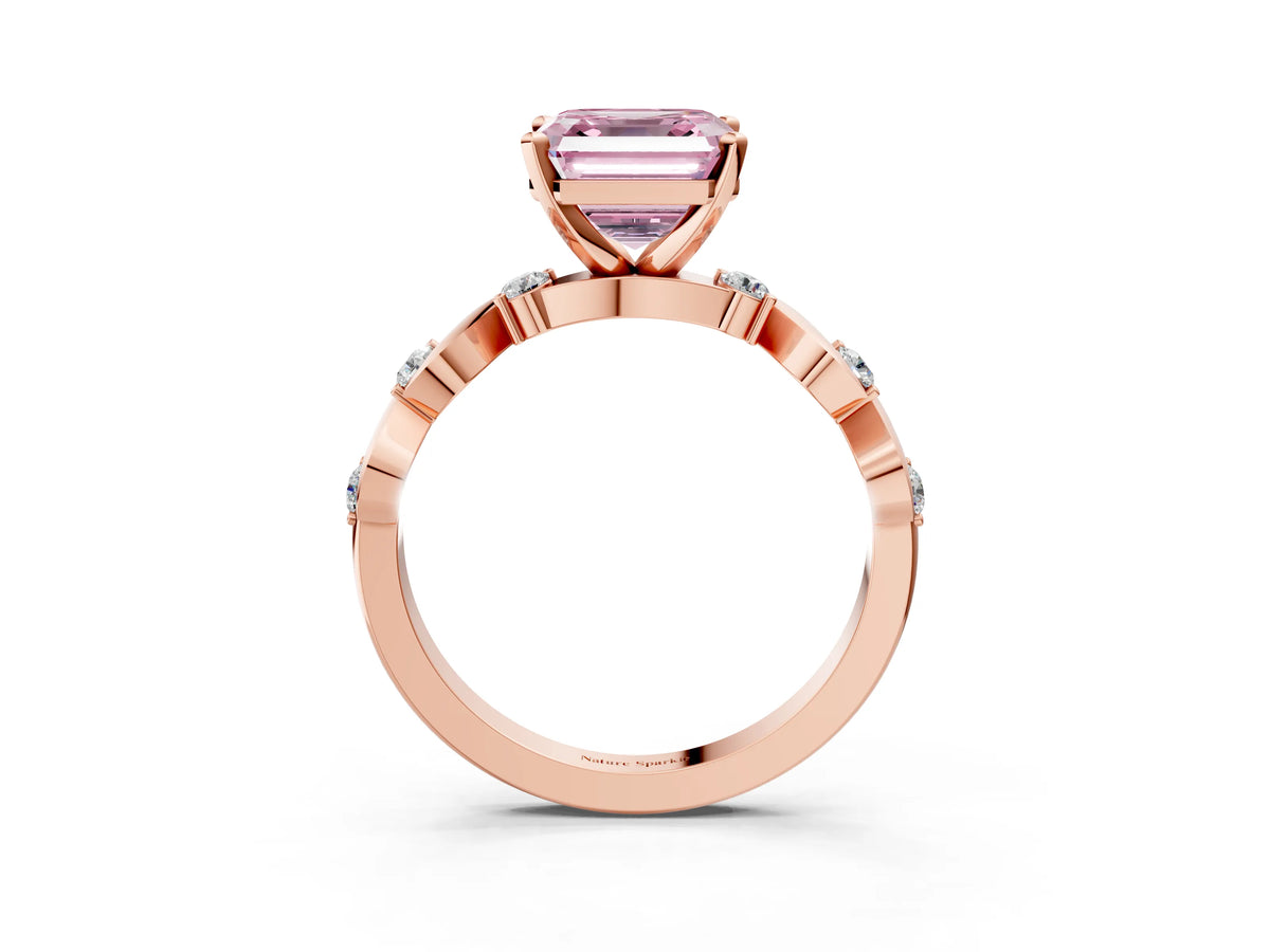 Fancy Pink Asscher Cut Diamond Solitaire Ring in Rose gold with Twisted Ribbon Band and Round Accents_3