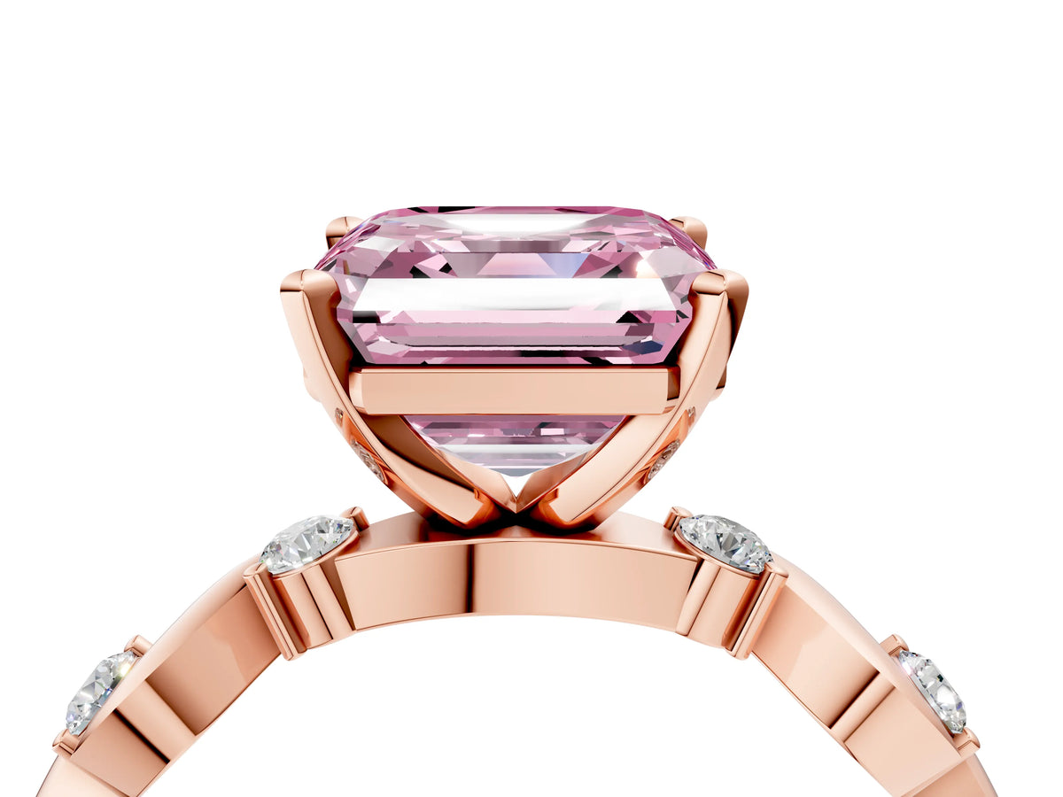 Fancy Pink Asscher Cut Diamond Solitaire Ring in Rose gold with Twisted Ribbon Band and Round Accents_4