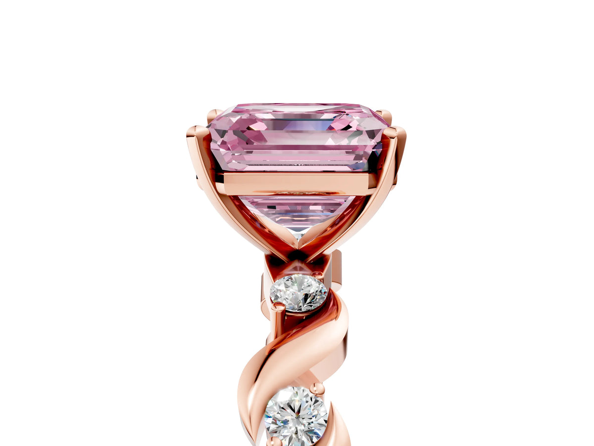 Fancy Pink Asscher Cut Diamond Solitaire Ring in Rose gold with Twisted Ribbon Band and Round Accents_5