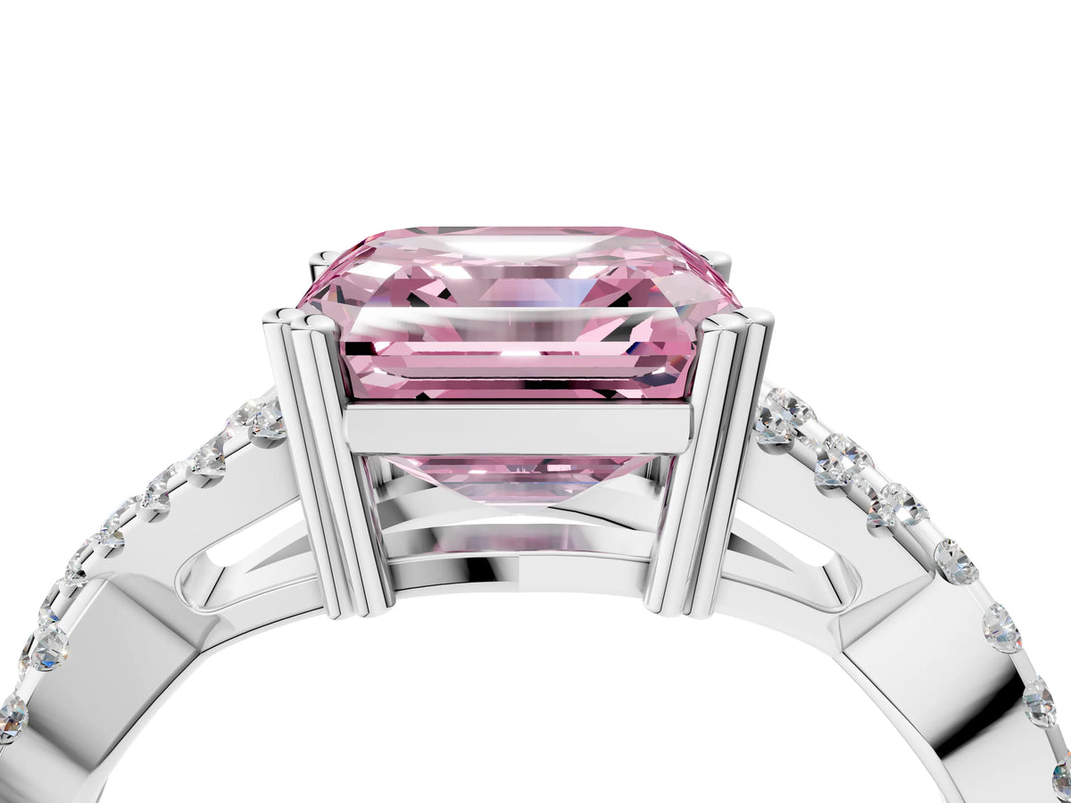 Fancy Pink Asscher Cut Diamond Solitaire Ring in Silver with Interwoven Pavé Band and Prong Setting_10