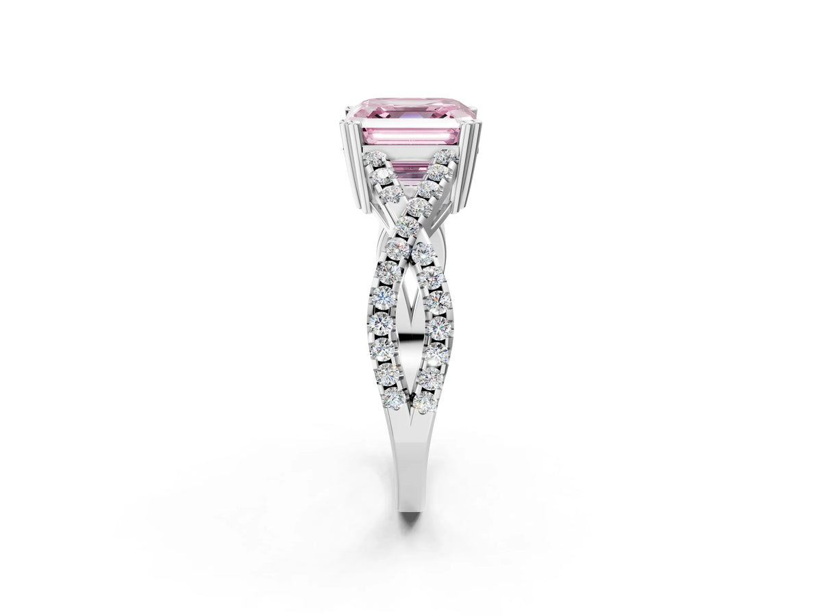 Fancy Pink Asscher Cut Diamond Solitaire Ring in Silver with Interwoven Pavé Band and Prong Setting_8