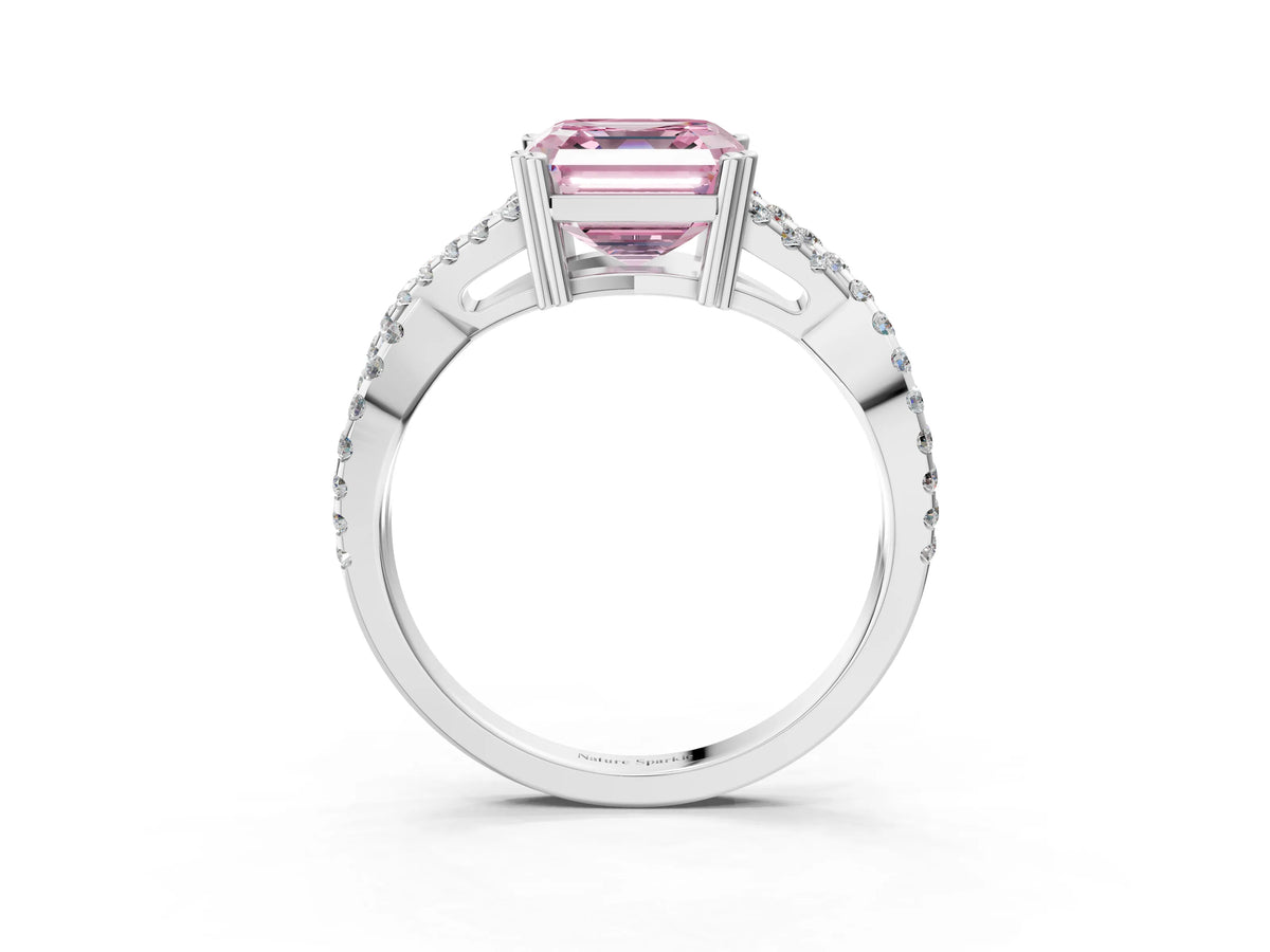 Fancy Pink Asscher Cut Diamond Solitaire Ring in Silver with Interwoven Pavé Band and Prong Setting_9