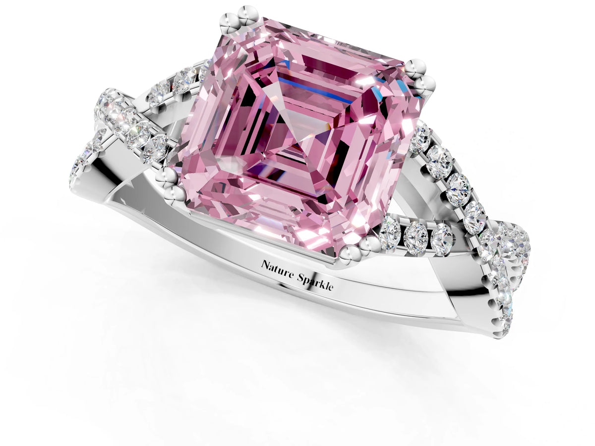 Fancy Pink Asscher Cut Diamond Solitaire Ring in White gold with Interwoven Pavé Band and Prong Setting_1