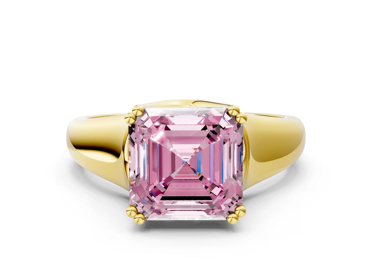 Fancy Pink Asscher Cut Diamond Solitaire Ring in Yellow gold with Smooth Wide Band and Prong Setting