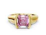 Fancy Pink Asscher Cut Diamond Tension Set Solitaire Ring in Yellow gold with Split Shank Band