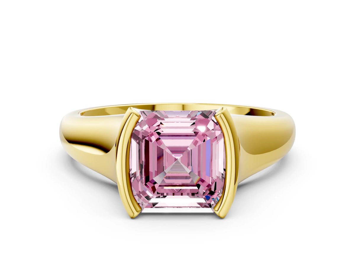Fancy Pink Asscher Cut Diamond Tension Set Solitaire Ring in Yellow gold with Split Shank Band