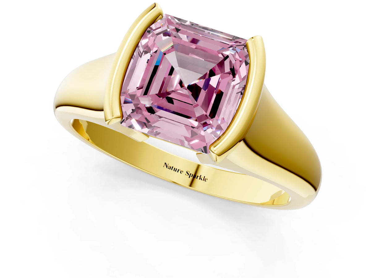 Fancy Pink Asscher Cut Diamond Tension Set Solitaire Ring in Yellow gold with Split Shank Band_1