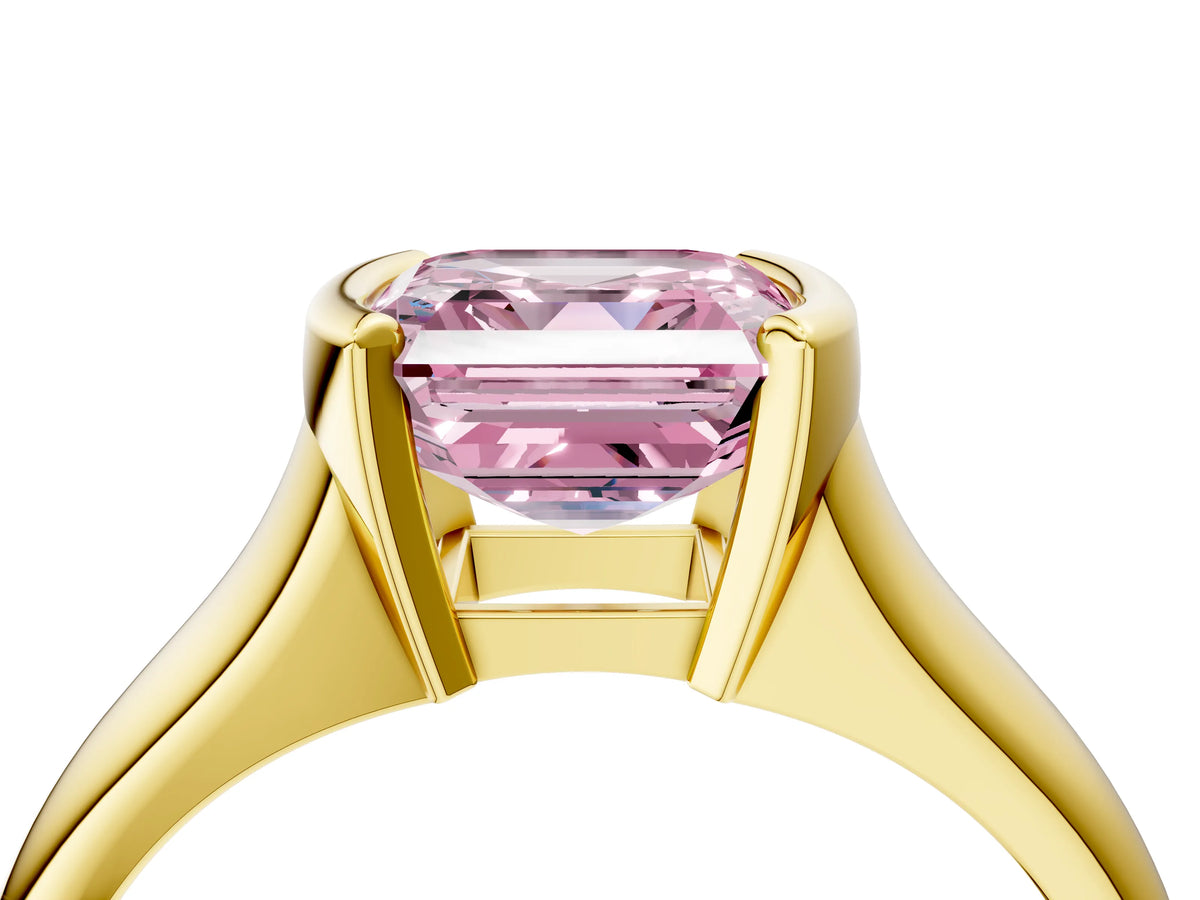 Fancy Pink Asscher Cut Diamond Tension Set Solitaire Ring in Yellow gold with Split Shank Band_4