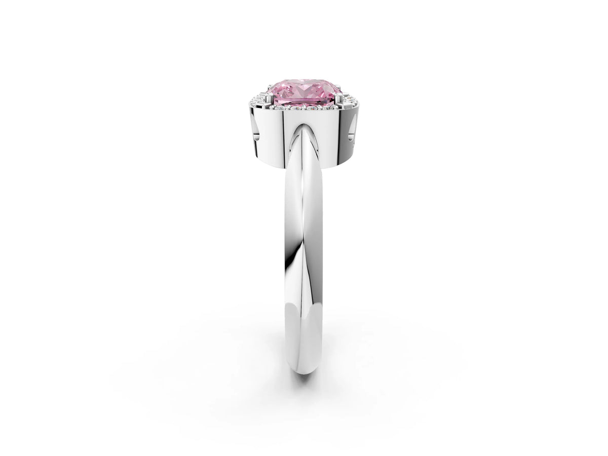 Fancy Pink Cushion Cut Diamond Halo Engagement Ring in Platinum with Plain Split Shank and Prong Setting_14