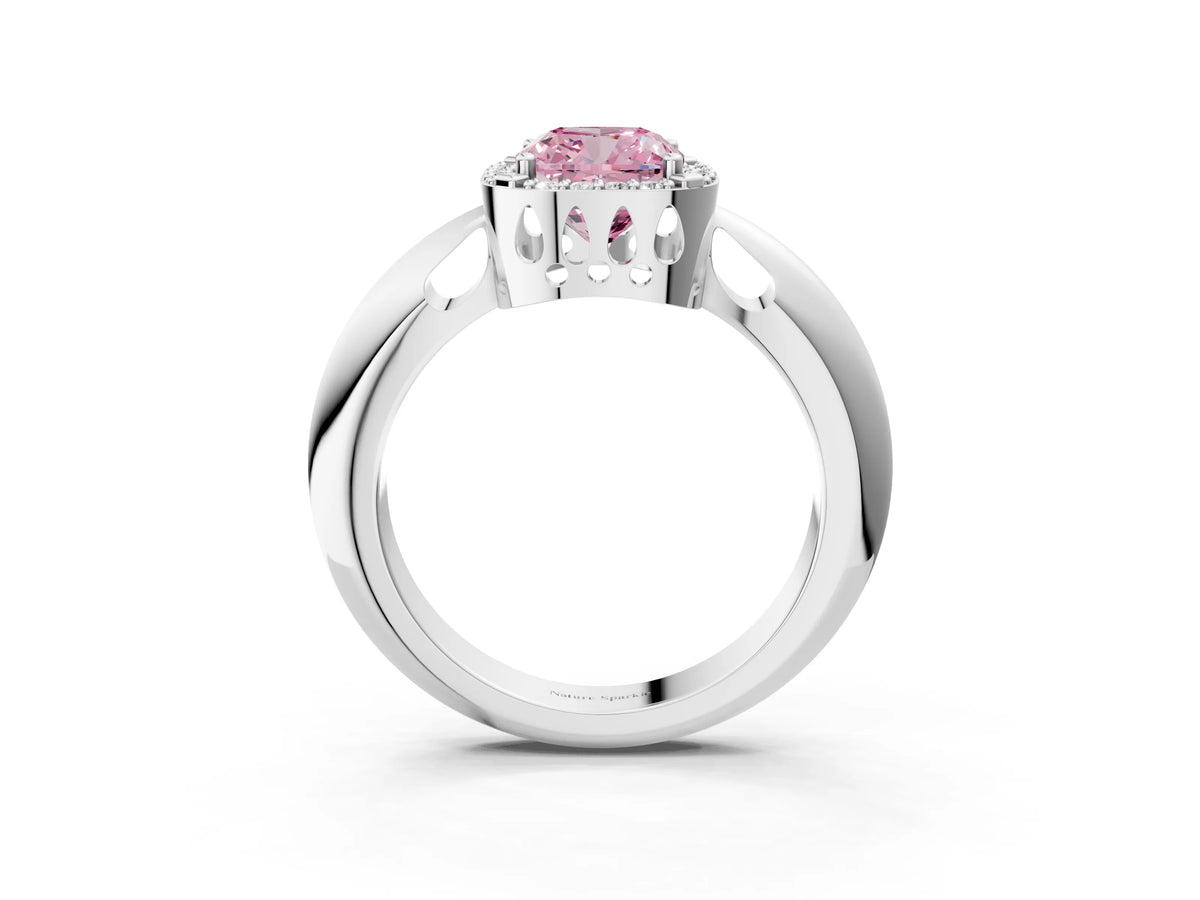 Fancy Pink Cushion Cut Diamond Halo Engagement Ring in Platinum with Plain Split Shank and Prong Setting_15