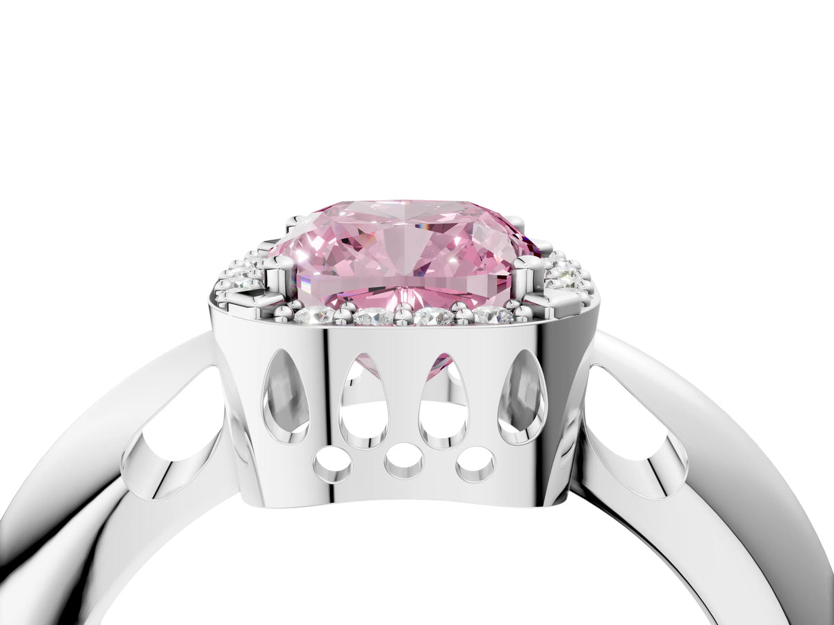Fancy Pink Cushion Cut Diamond Halo Engagement Ring in Platinum with Plain Split Shank and Prong Setting_16