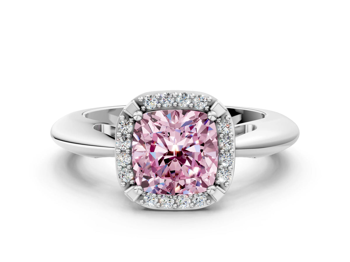 Fancy Pink Cushion Cut Diamond Halo Engagement Ring in Silver with Plain Split Shank and Prong Setting_12