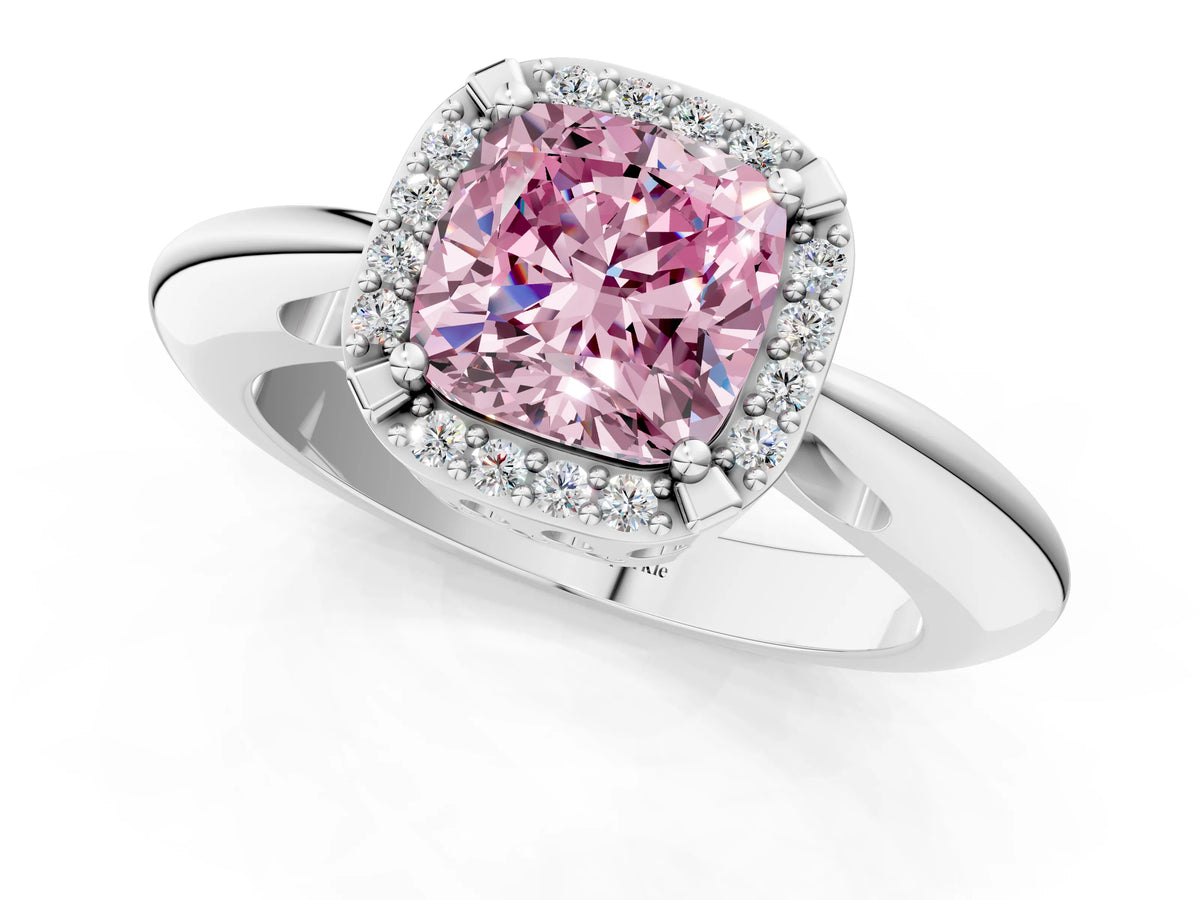 Fancy Pink Cushion Cut Diamond Halo Engagement Ring in Silver with Plain Split Shank and Prong Setting_13