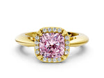 Fancy Pink Cushion Cut Diamond Halo Engagement Ring in Yellow gold with Plain Split Shank and Prong Setting