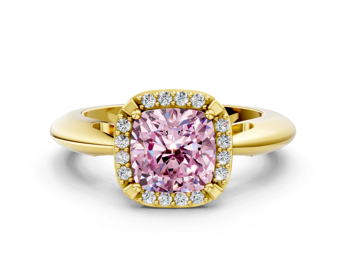 Fancy Pink Cushion Cut Diamond Halo Engagement Ring in Yellow gold with Plain Split Shank and Prong Setting
