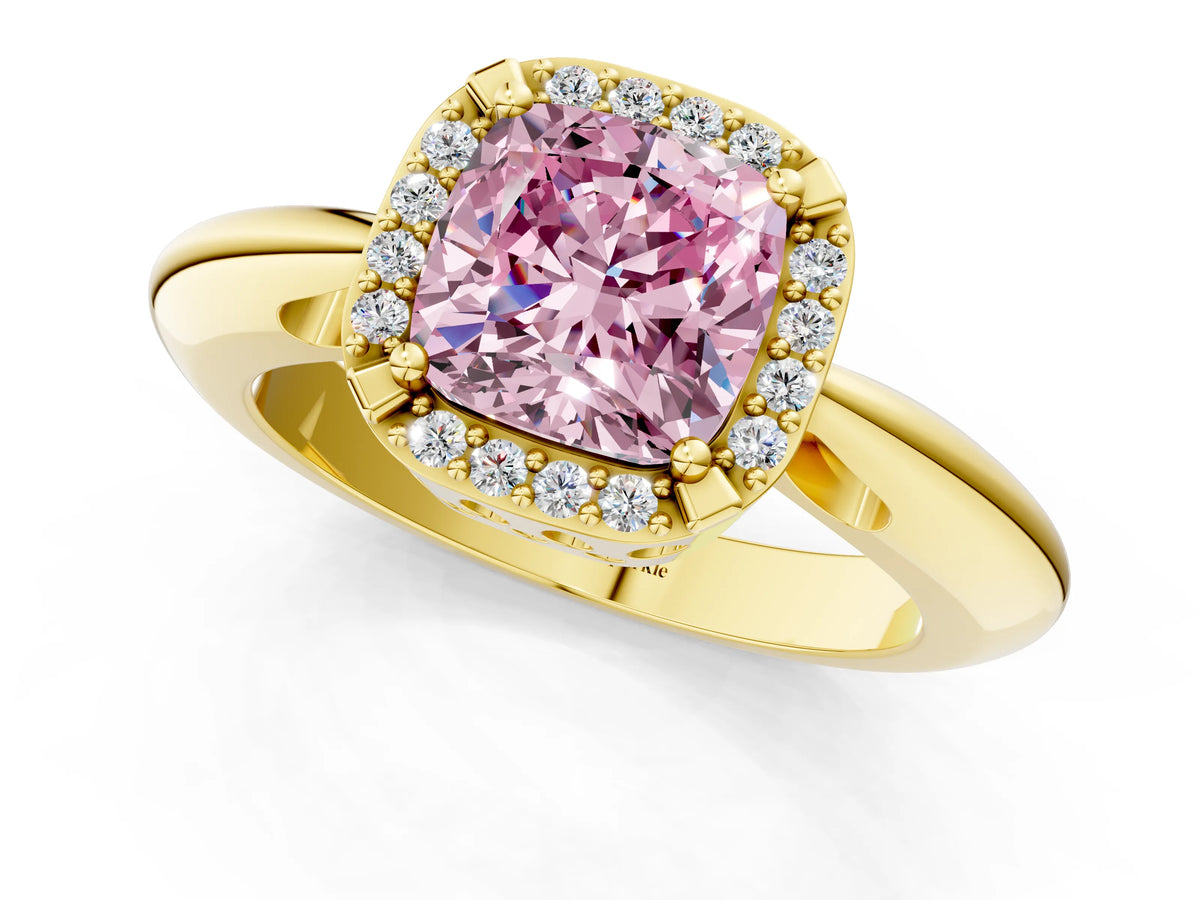 Fancy Pink Cushion Cut Diamond Halo Engagement Ring in Yellow gold with Plain Split Shank and Prong Setting_1