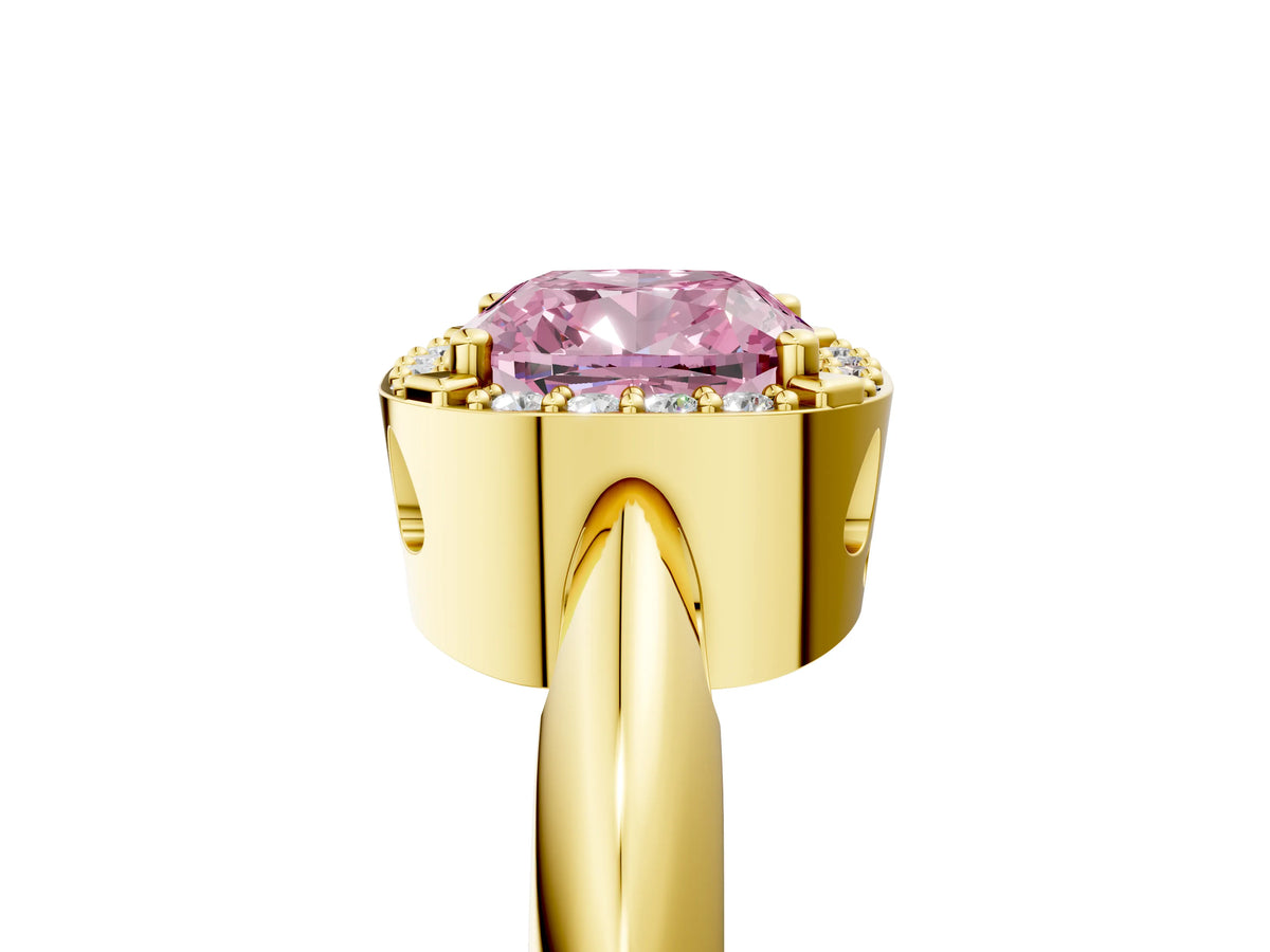 Fancy Pink Cushion Cut Diamond Halo Engagement Ring in Yellow gold with Plain Split Shank and Prong Setting_5