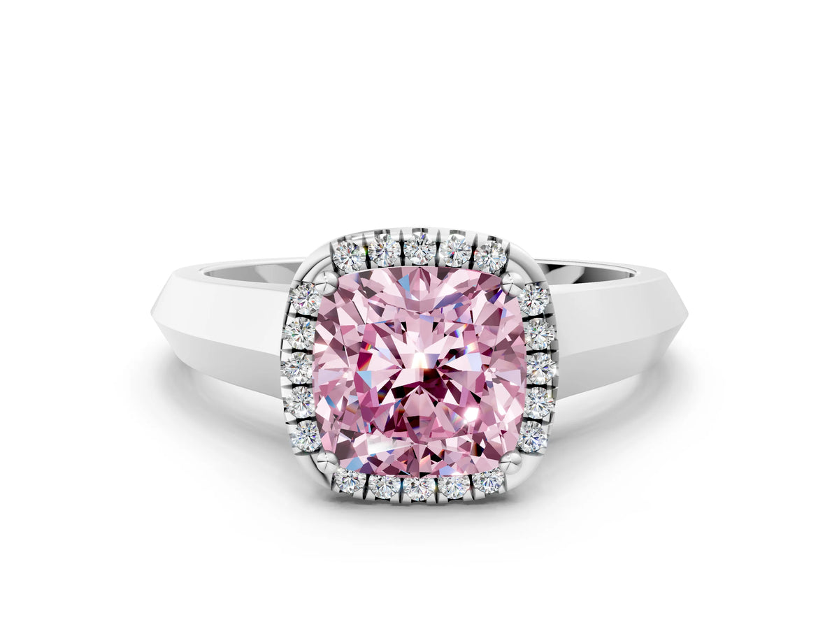 Fancy Pink Cushion Cut Diamond Halo Ring in Silver with Cathedral Band and Prong Setting_12