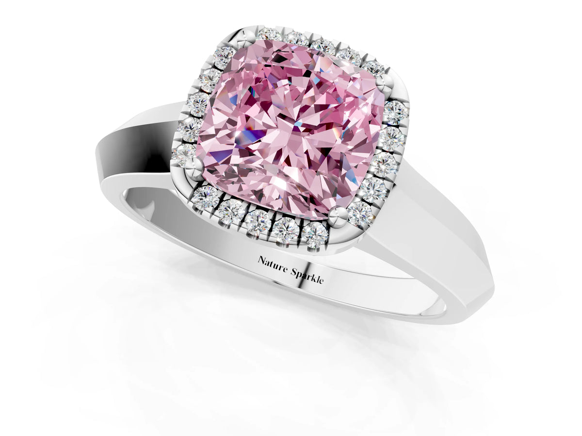 Fancy Pink Cushion Cut Diamond Halo Ring in Silver with Cathedral Band and Prong Setting_13