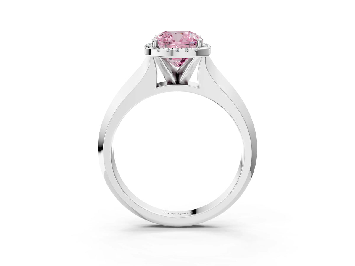 Fancy Pink Cushion Cut Diamond Halo Ring in Silver with Cathedral Band and Prong Setting_15